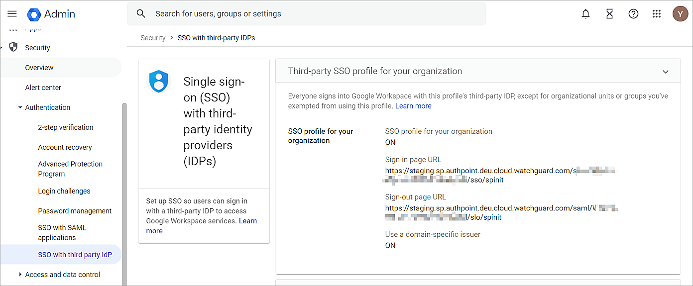 Screenshot of SSO with third party Idp page